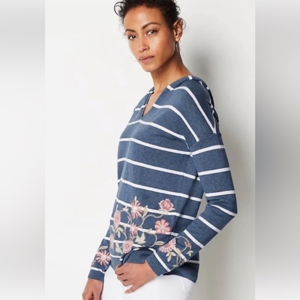 J Jill Striped Floral Embroidered Hooded Pullover Sweater Women size Small - Picture 5 of 11